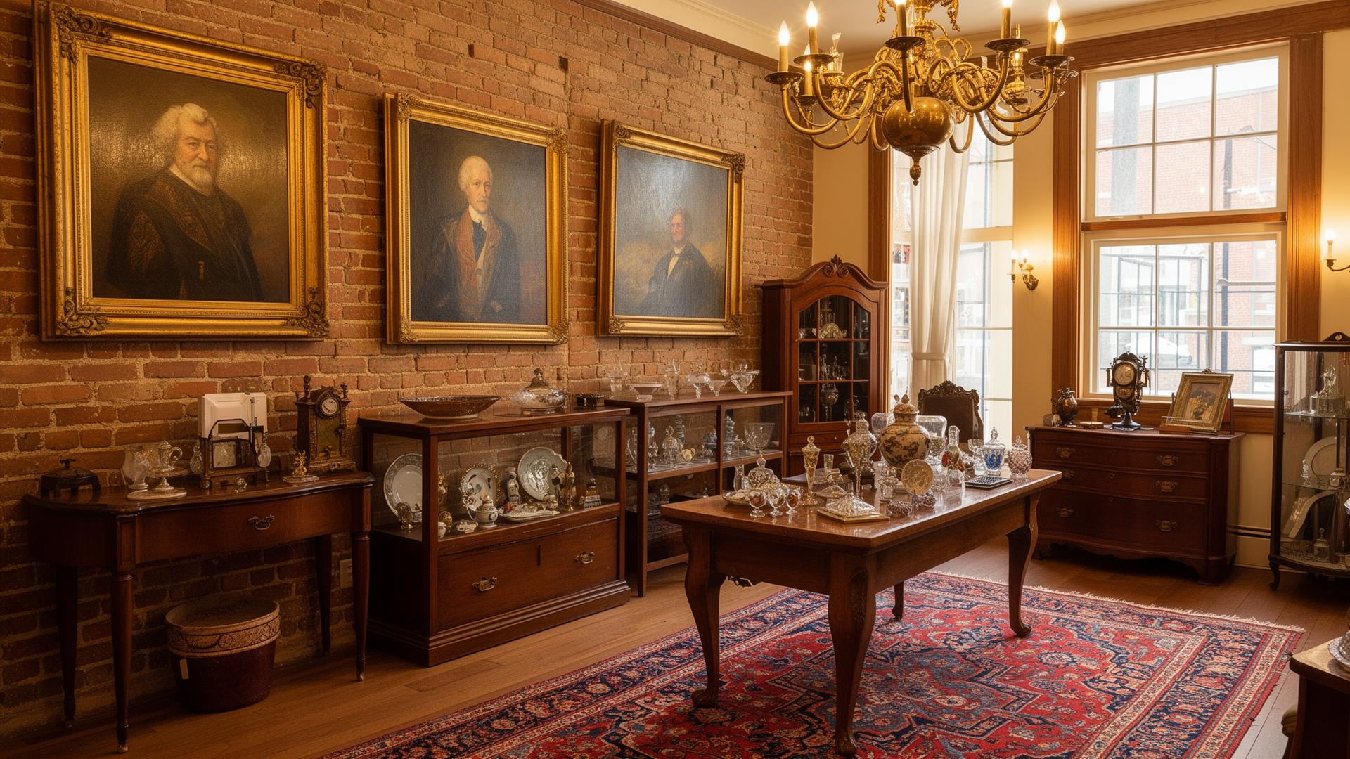 Elegant antique shop interior with curated collectibles