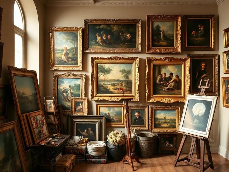Antique oil paintings in ornate gold frames arranged in a curated gallery setting